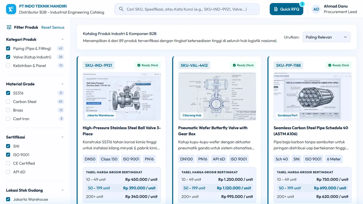 Ilustrasi sistem portal katalog produk B2B dan alur permintaan penawaran harga RFQ